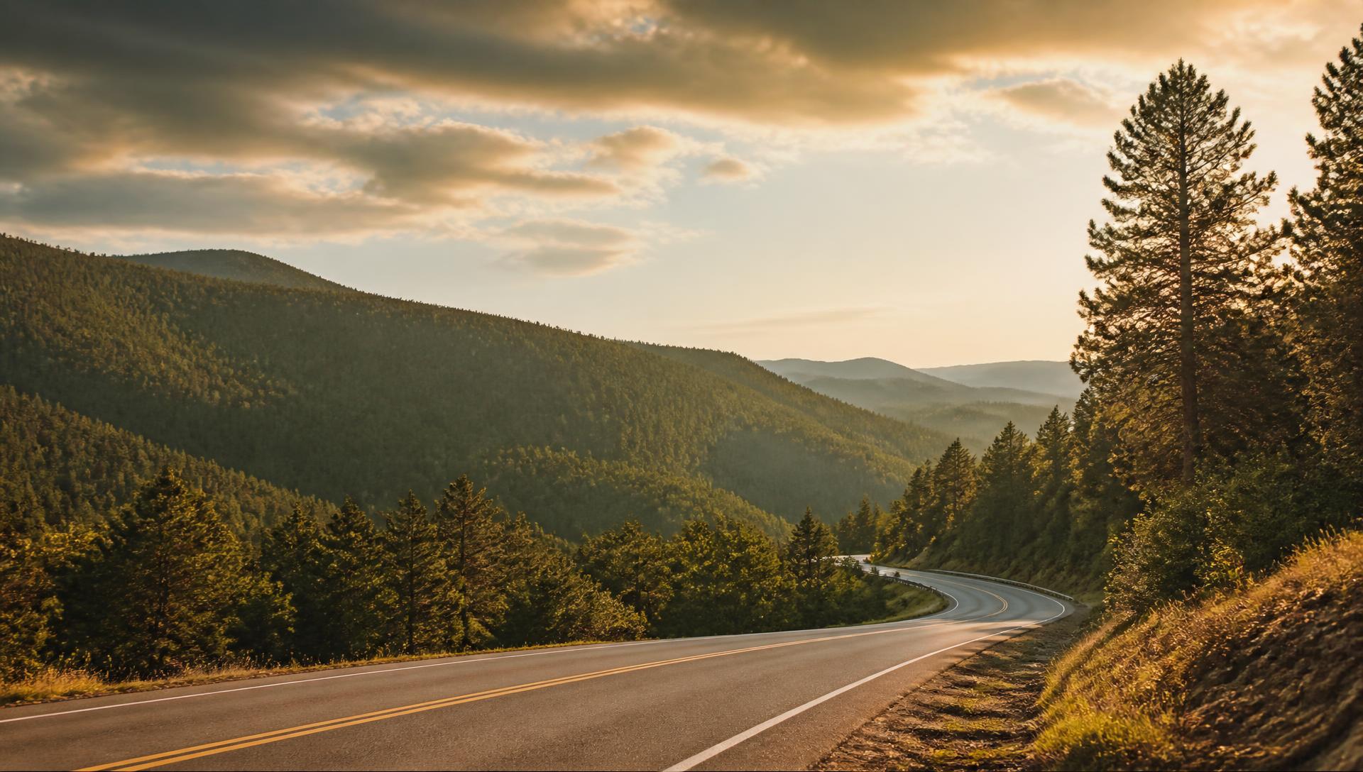 A winding highway through forested hills at golden hour
